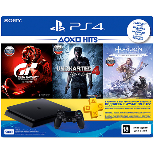 Игровая приставка SONY PlayStation 4 500GB + Horizon Zero Dawn+ Gran Turismo Sport + Uncharted 4 + PS Plus 3 месяца. mobilecity59.ru в Перми